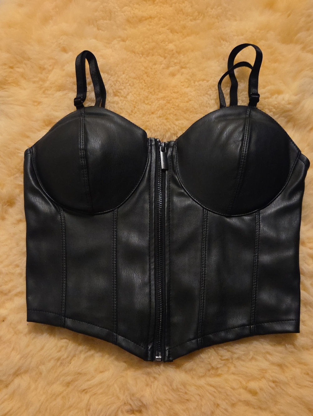 Madden Girl Black Faux Leather Bustier Crop Top with Front Zip